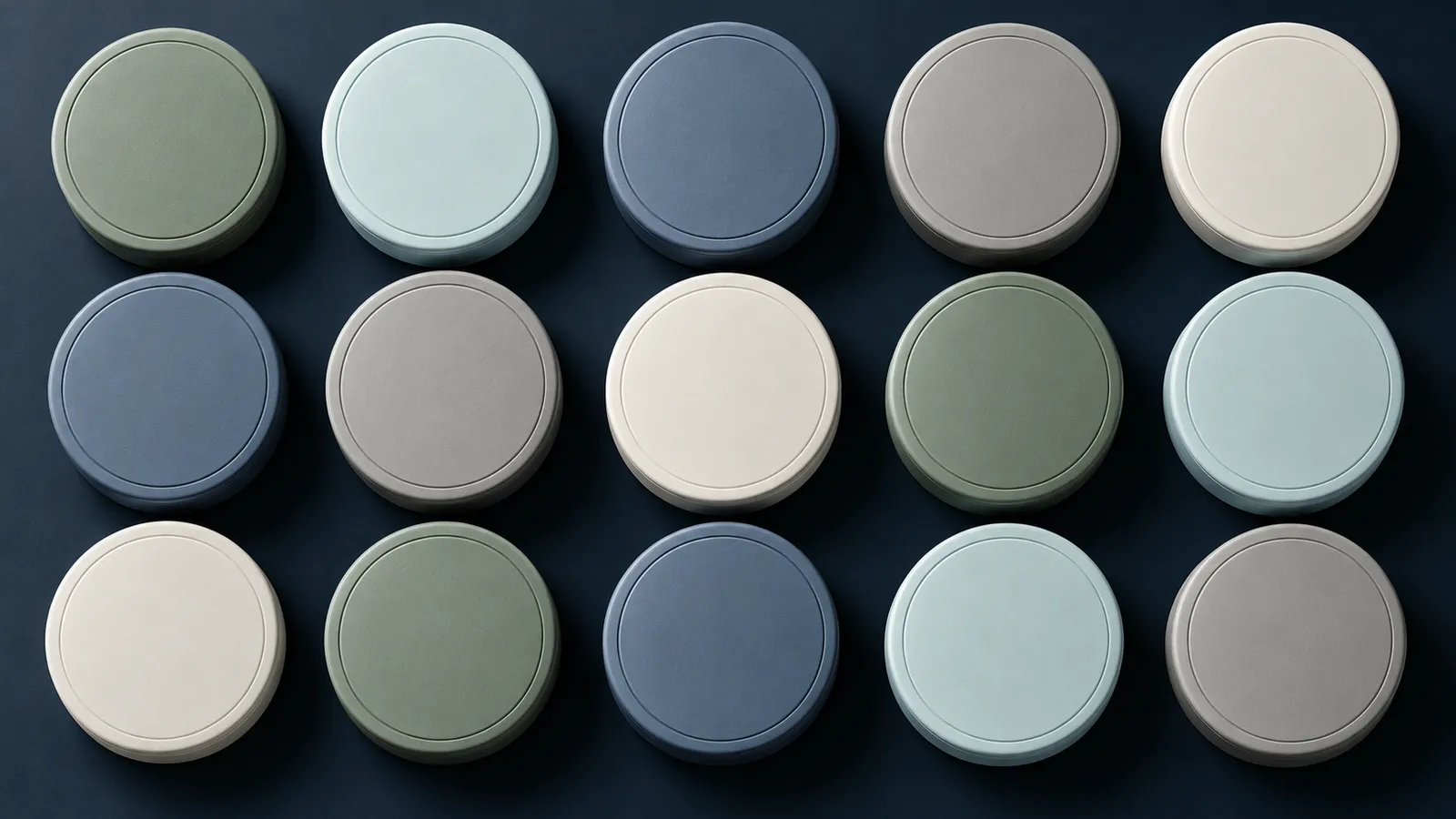 Unbranded round tins in muted mint, blue and stone colours arranged on a dark surface